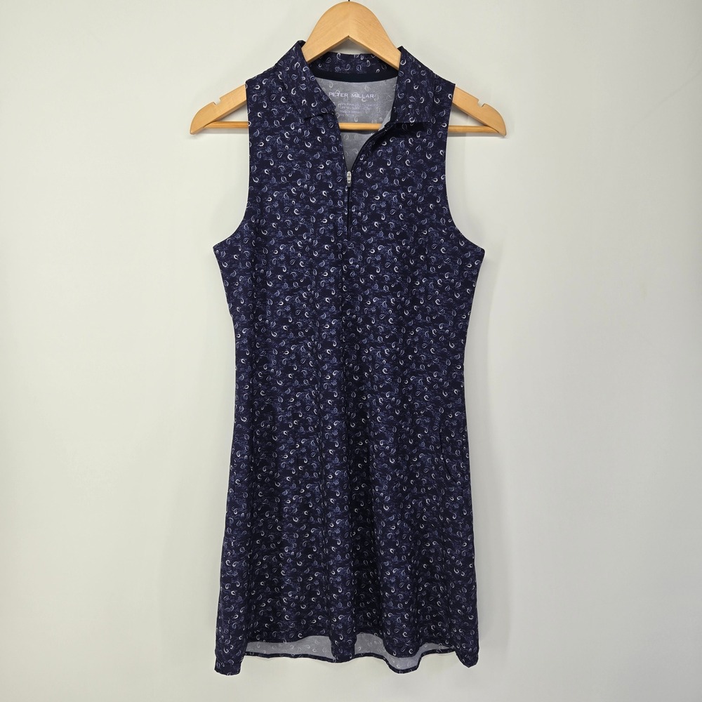 Peter Millar Golf Dress Womens Small Navy Blue Paisley Sleeveless Zip UPF